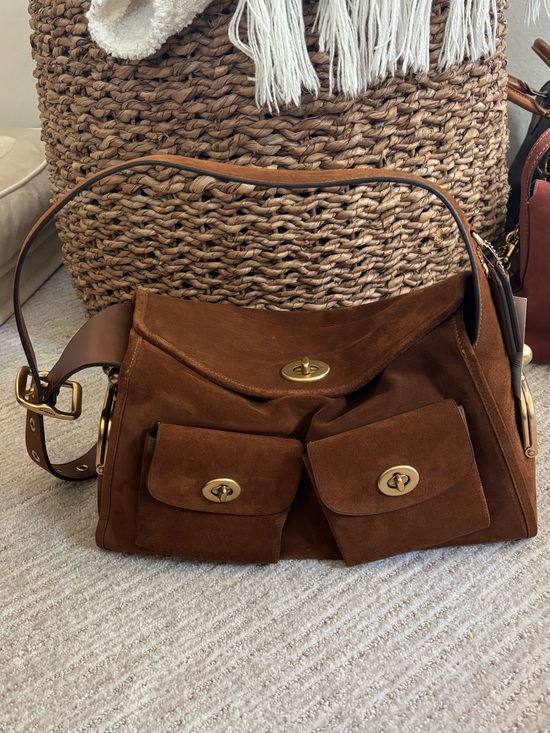Coach Handbags - Coach Brown Suede Shoulder Bag with Gold Hardware